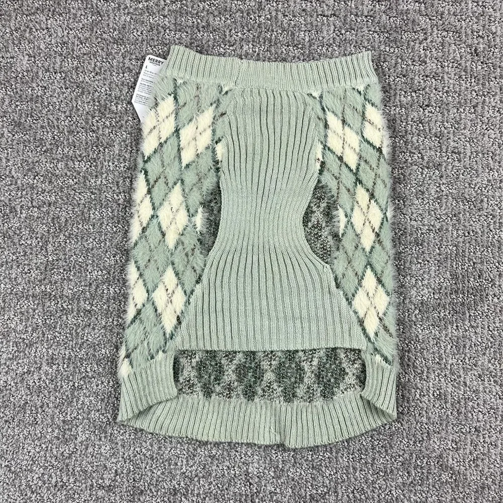 Merry Makings by Petco Pet Sweater Large L Dog 17-19 in Argyle Green Cream Knit - Picture 2 of 6